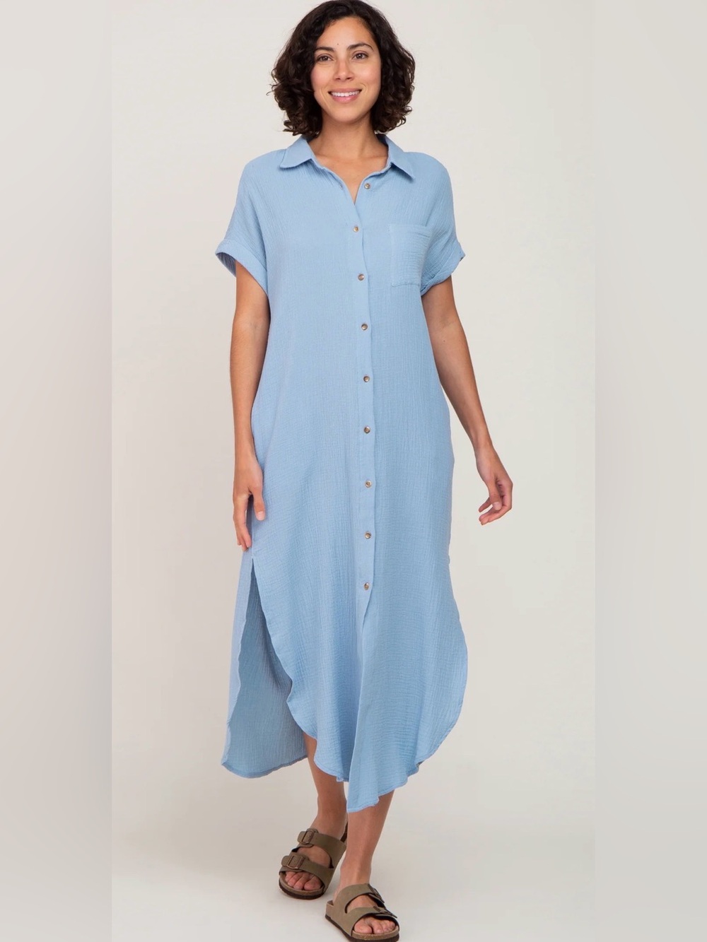 Pink Blush, Blue Ivy, Soft Sky Blue Button-Front Midi Shirt Dress